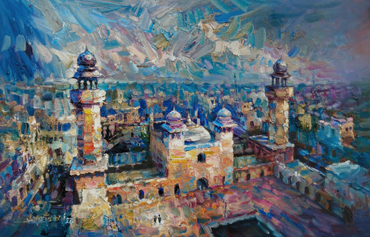 Wazir Khan Mosque, Cityscape Painting by Asrar Farooqi, Oil on Canvas, 30 x 48 Inches