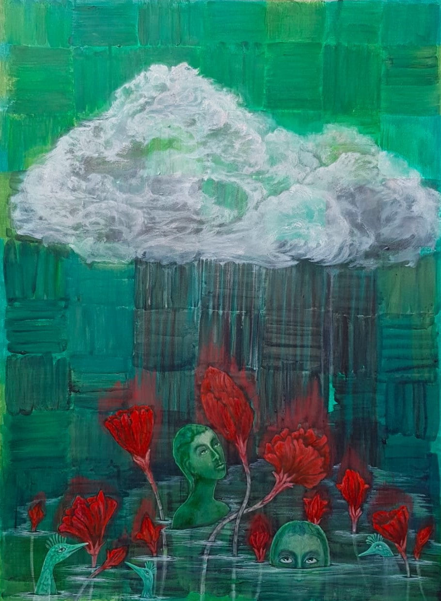 Submerge, Figurative Painting by Sana Arjumand, Oil on Paper, 20 x 28 inches. (Price on request)