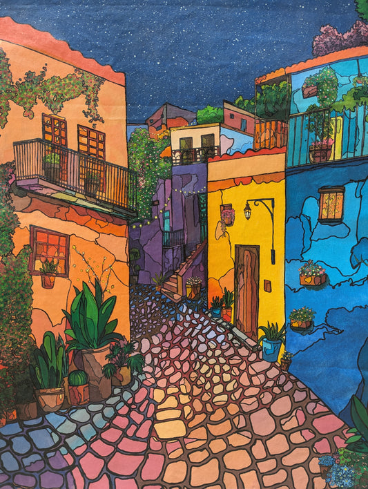 Untitled, Cityscape Painting by Sana Aman, Acrylic and Gouache on Canvas, 17.5 x 21 inches