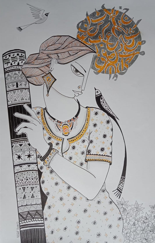 Untitled, Portrait Drawing by Nisar Ahmad, Mixed Media on Canvas, 14 x 22 inches
