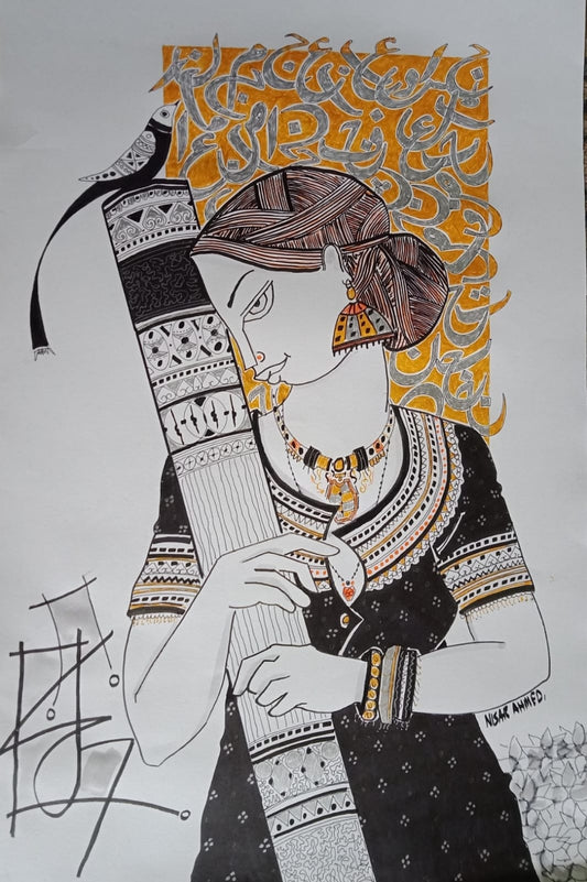 Untitled, Portrait Drawing by Nisar Ahmad, Mixed Media on Canvas, 14 x 22 inches