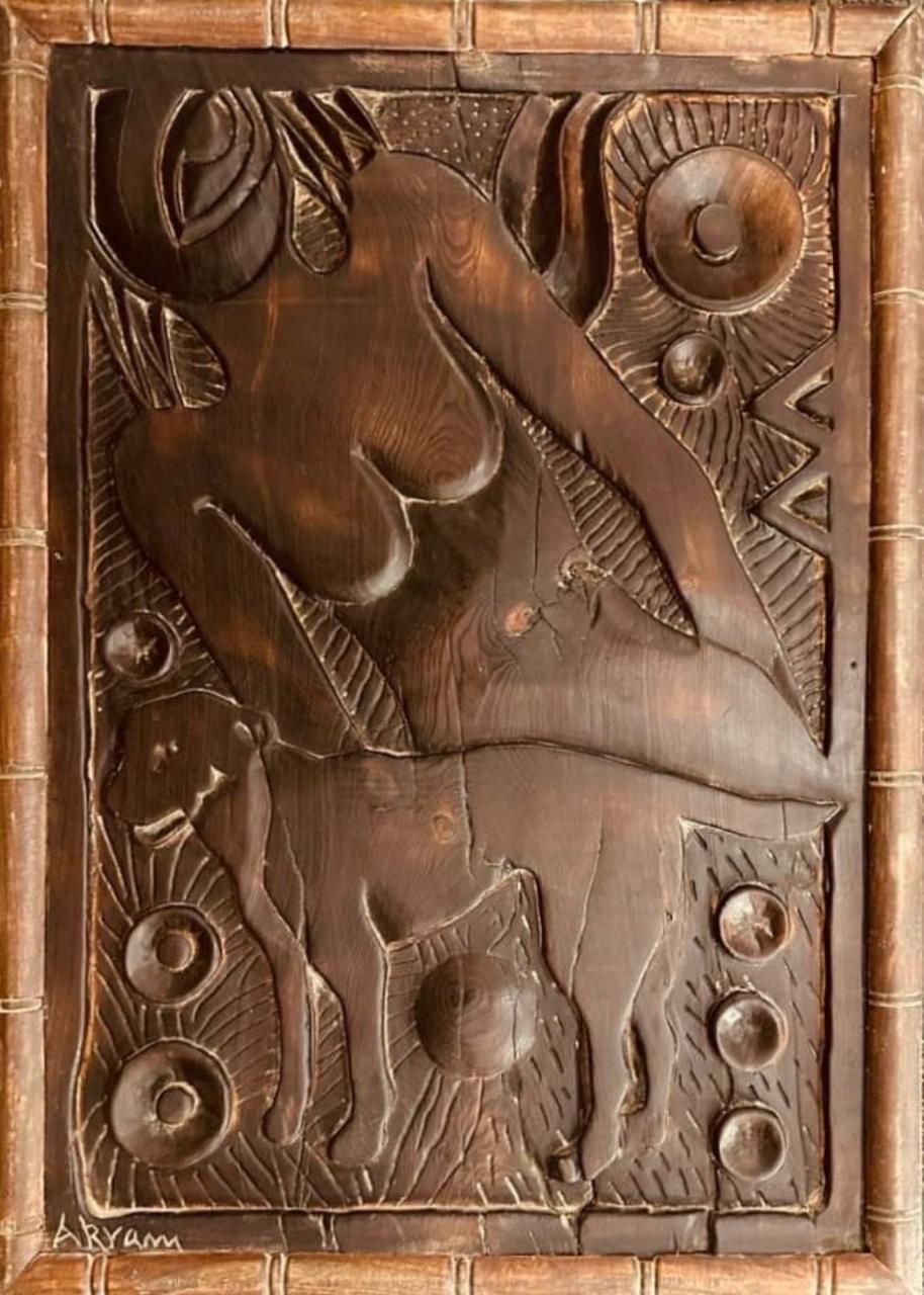 Figurative Relief Sculpture by Akram Dost, Carved in Deodar wood, 23 x 31 inches