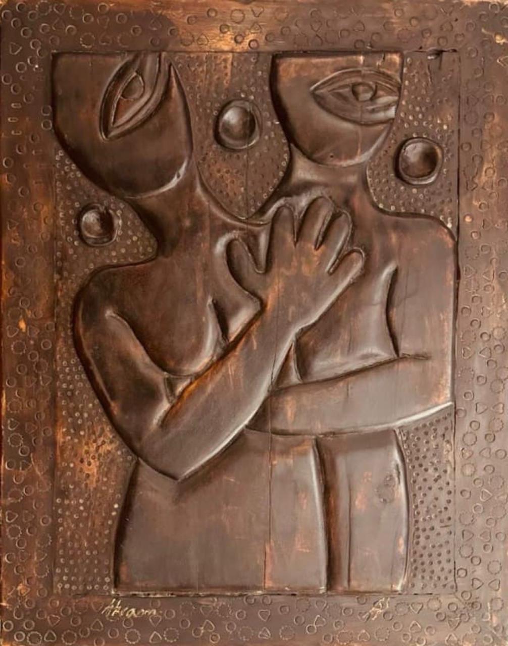 Figurative Relief Sculpture by Akram Dost, Carved in Deodar wood, 21 x 28 inches