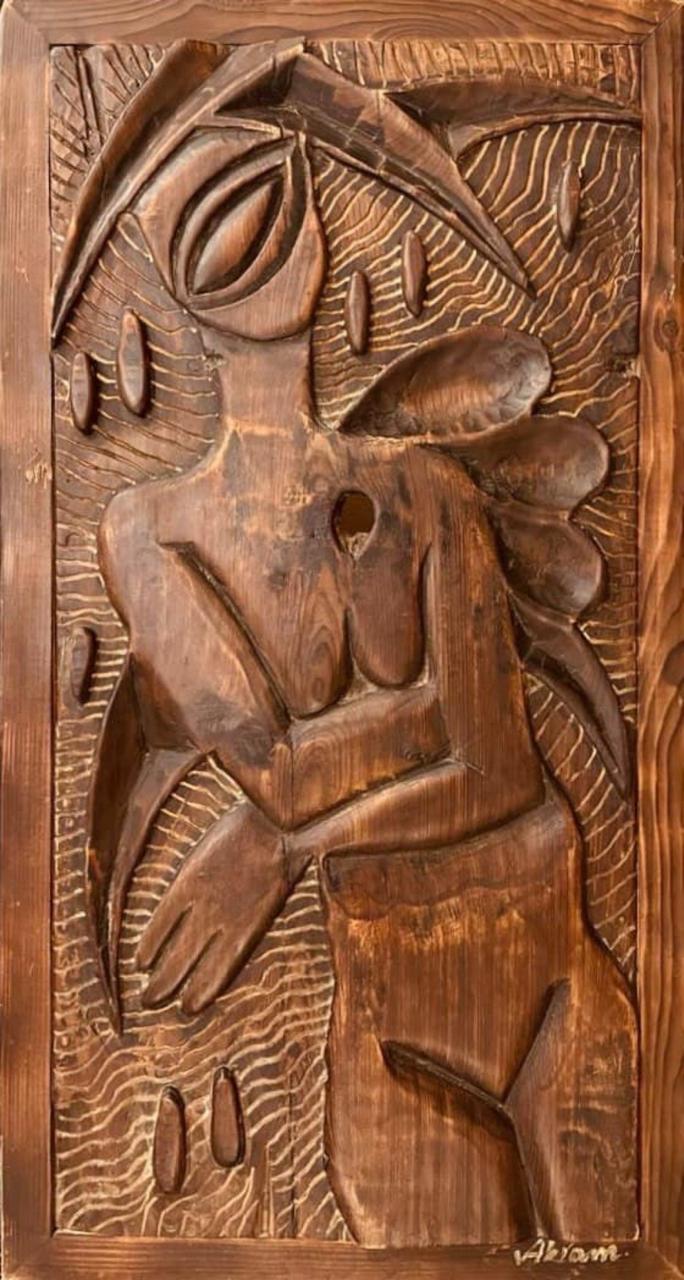 Figurative Relief Sculpture by Akram Dost, Carved in Deodar wood, 19 x 34 inches