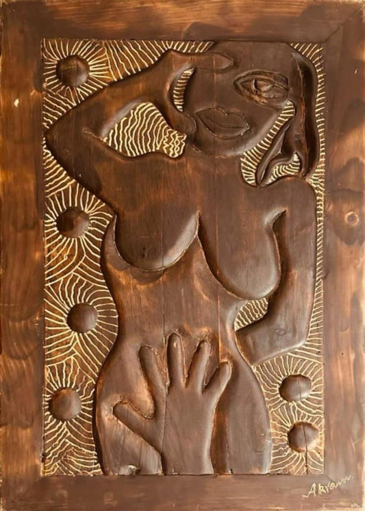 Figurative Relief Sculpture by Akram Dost, Carved in Deodar wood, 22 x 32 inches