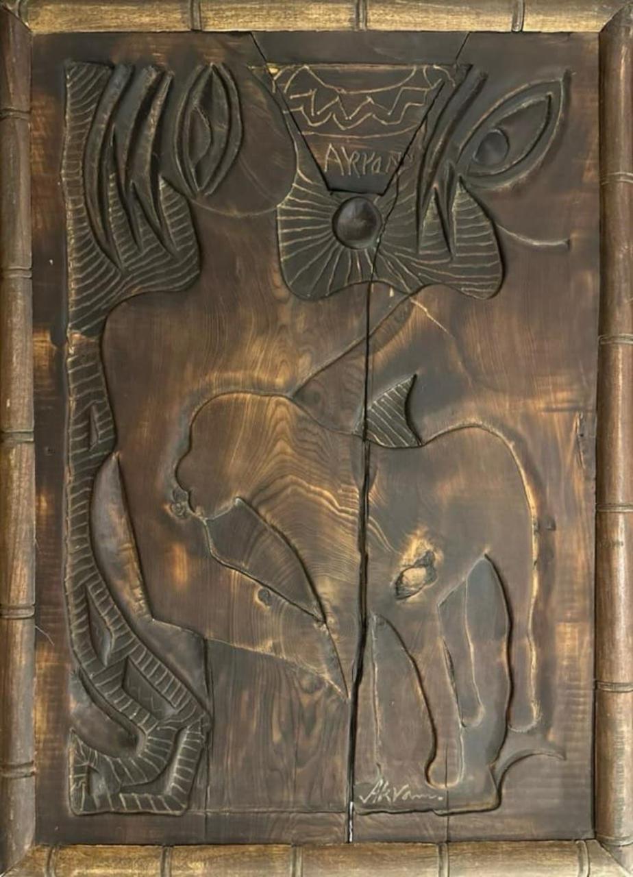 Figurative Relief Sculpture by Akram Dost, Carved in Deodar wood, 22 x 30 inches