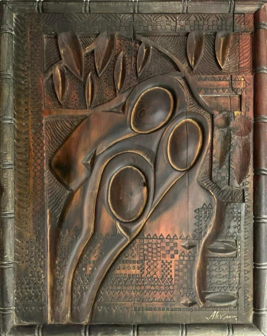 Figurative Relief Sculpture by Akram Dost, Carved in Deodar wood, 26 x 30 inches