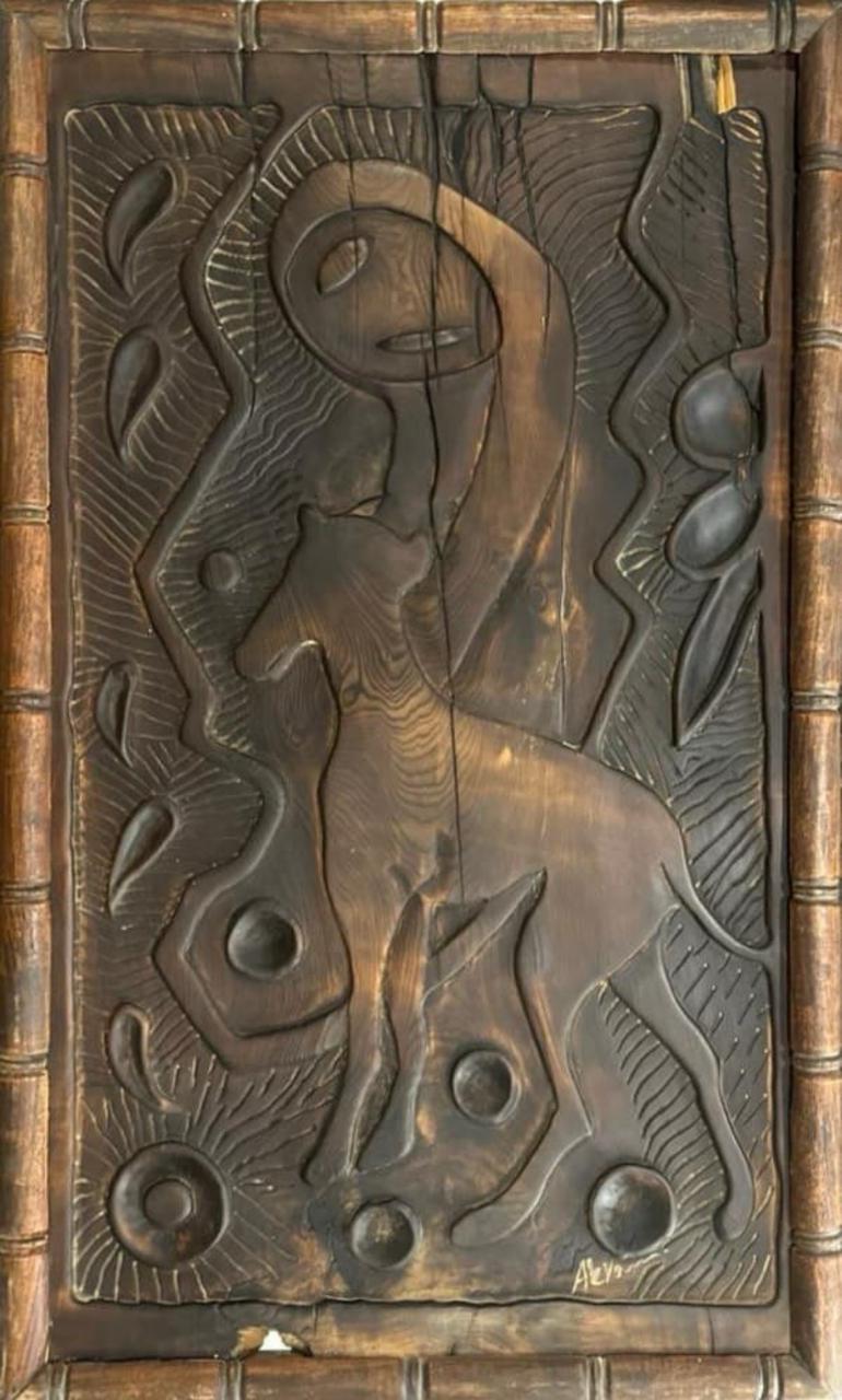 Figurative Relief Sculpture by Akram Dost, Carved in Deodar wood, 25 x 36 inches