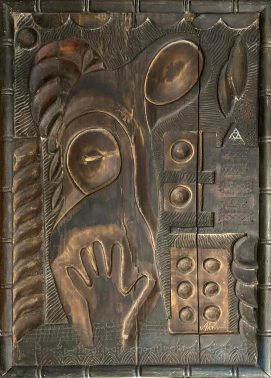 Figurative Relief Sculpture by Akram Dost, Carved in Deodar wood, 25 x 36 inches
