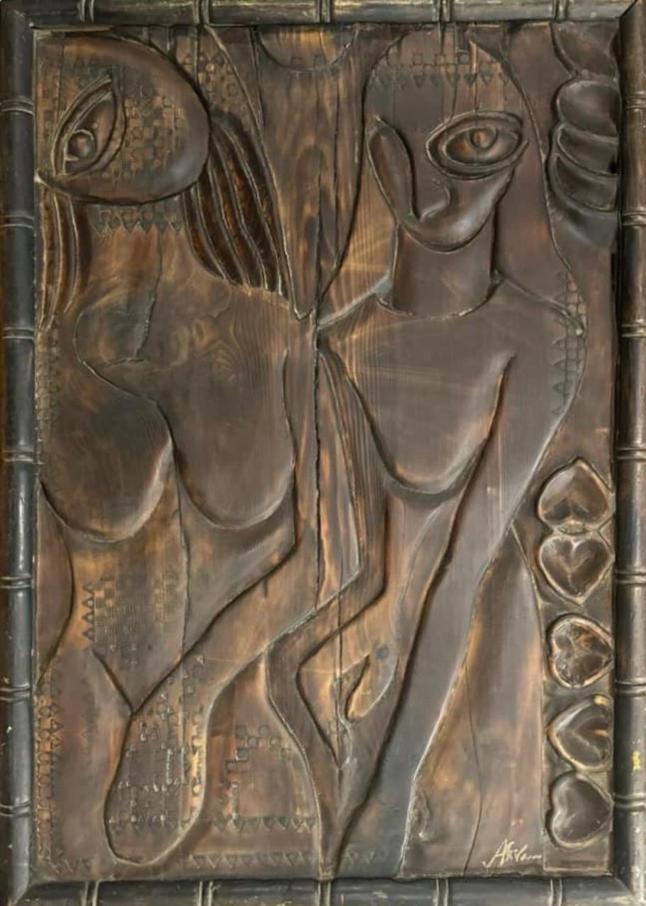 Figurative Relief Sculpture by Akram Dost, Carved in Deodar wood, 25 x 36 inches