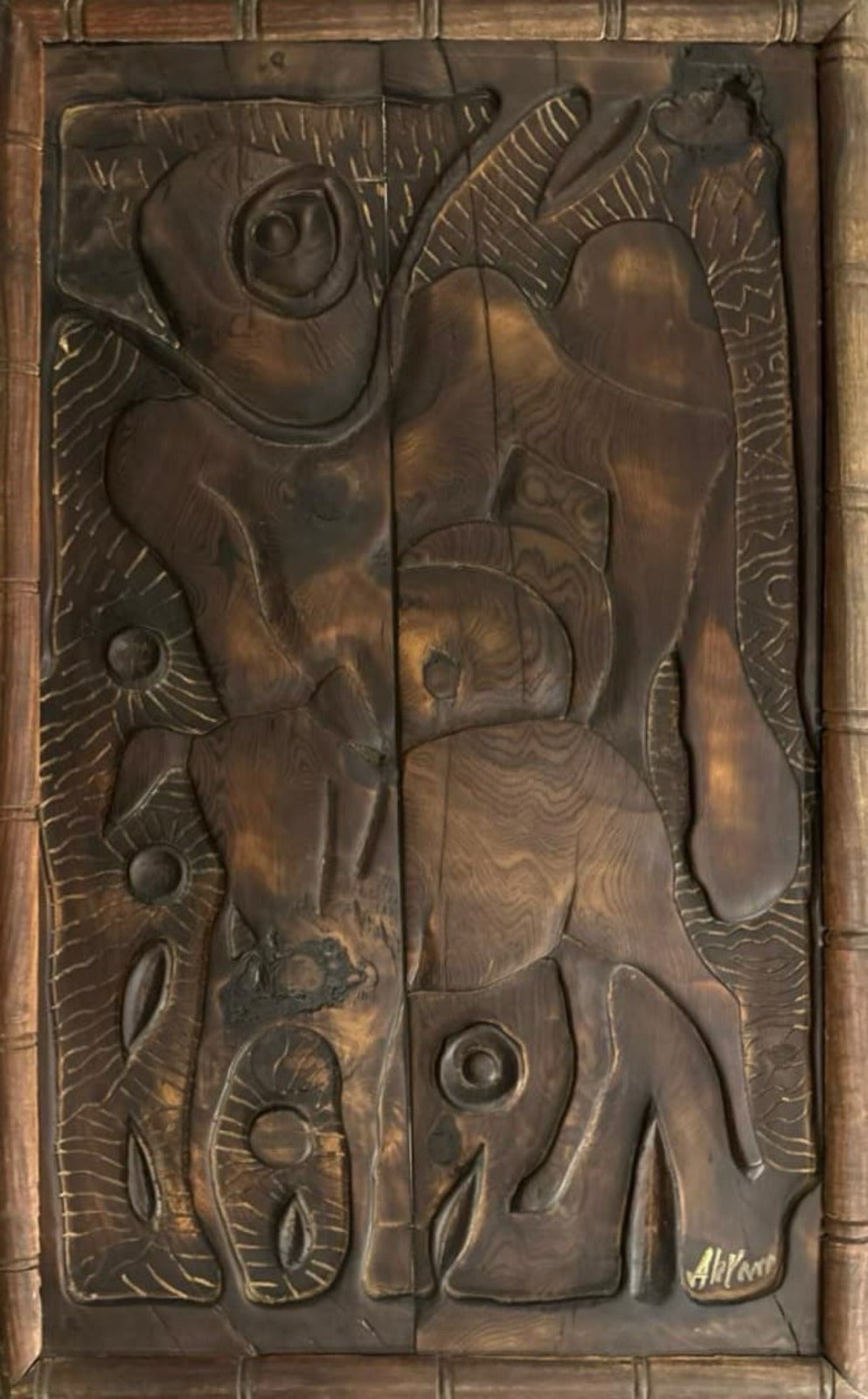 Figurative Relief Sculpture by Akram Dost, Carved in Deodar wood, 22 x 36 inches
