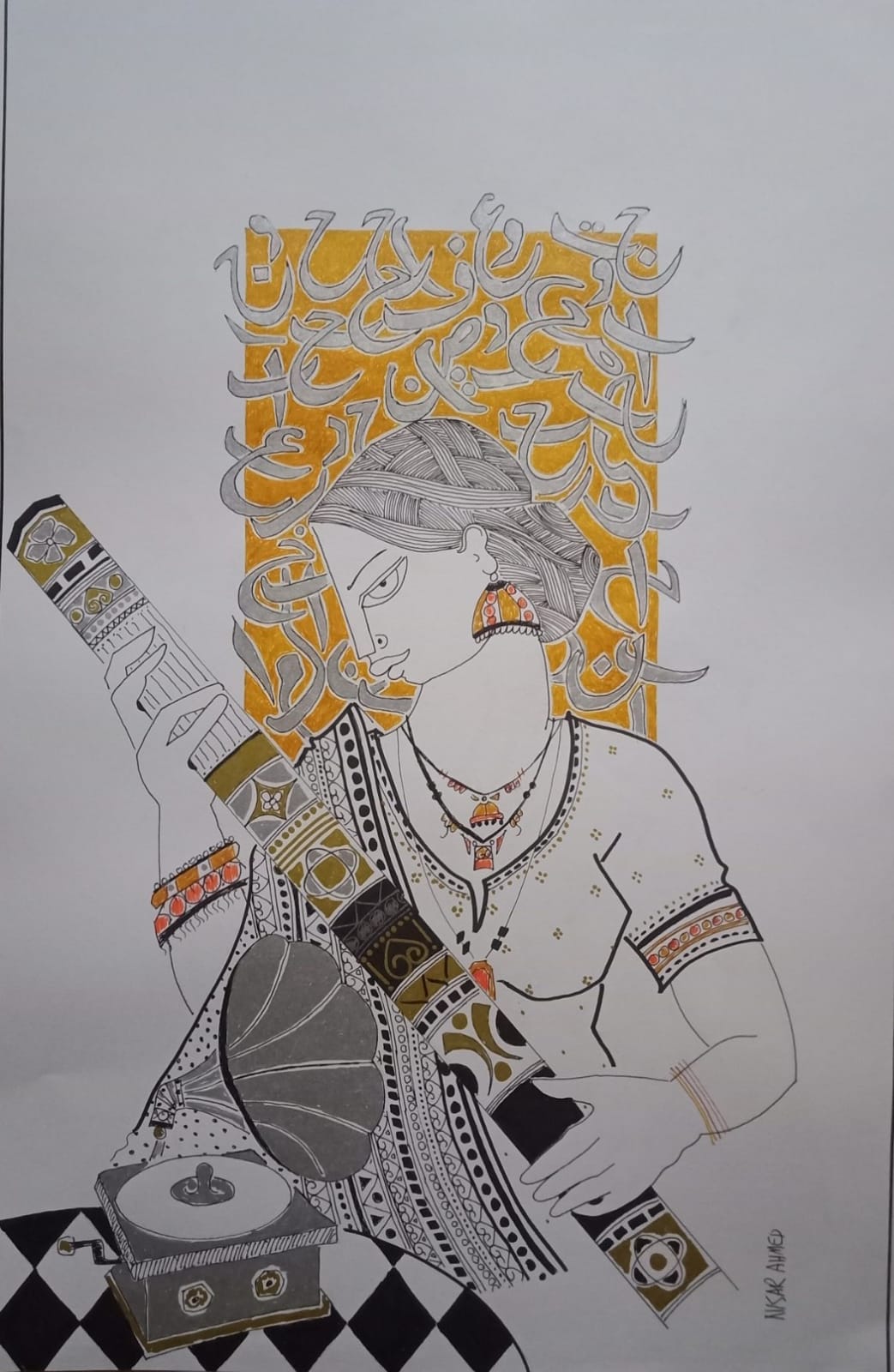 Untitled, Portrait Drawing by Nisar Ahmad, Mixed Media on paper, 14 x 21 inches