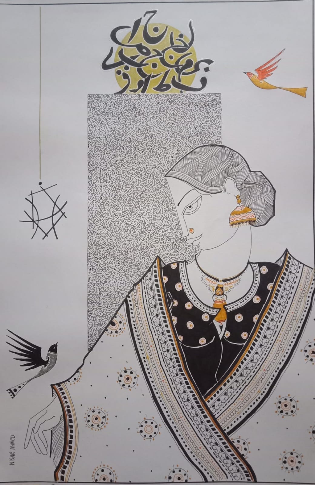 Untitled, Portrait Drawing by Nisar Ahmad, Mixed Media on paper, 14 x 21 inches