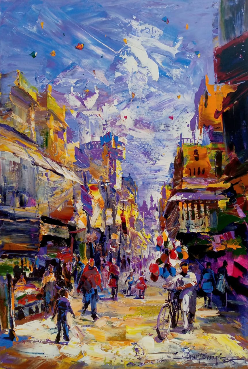 Untitled, Cityscape Painting by Asrar Farooqi, Acrylic on Canvas, 24 x 36 inches