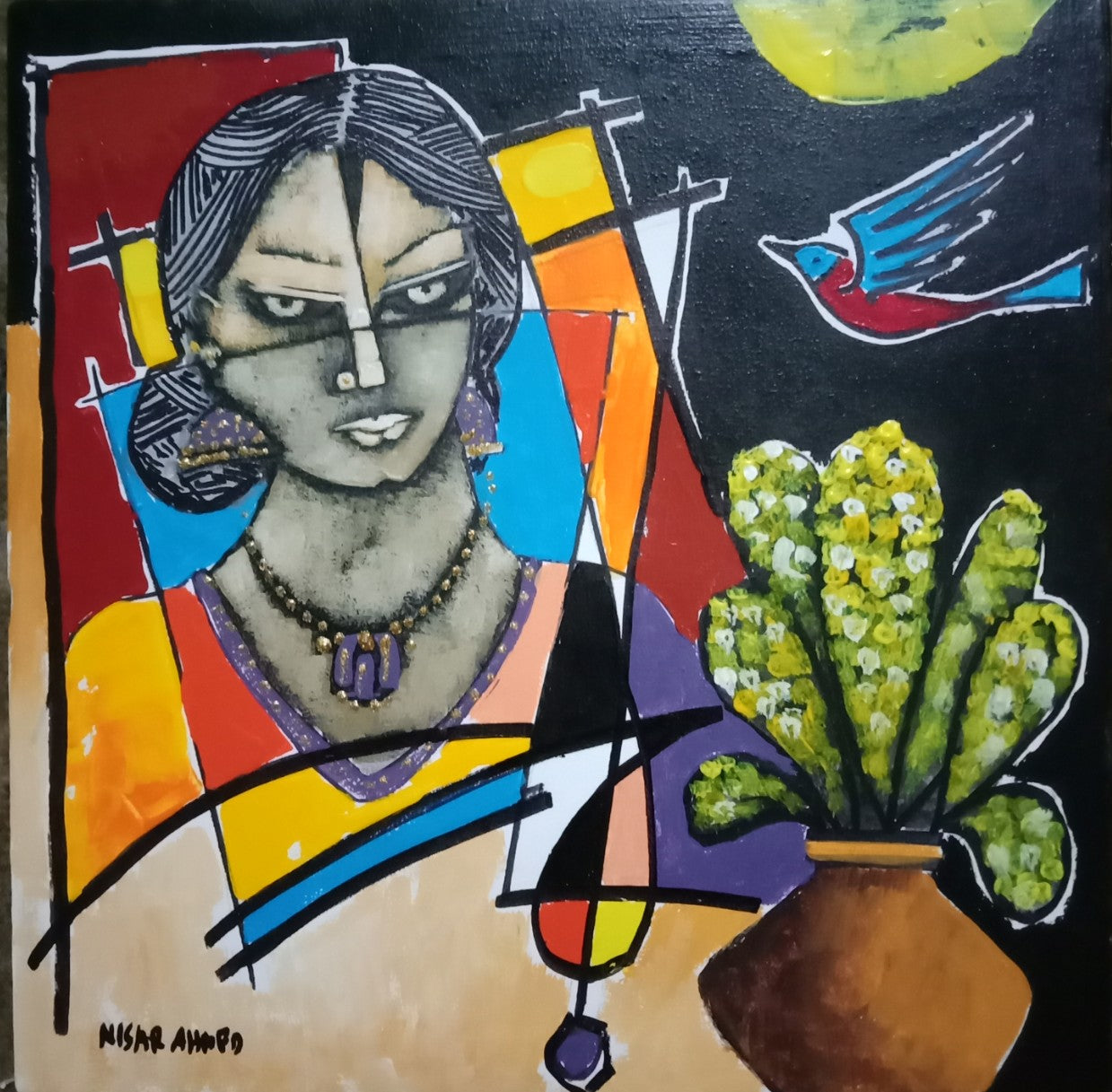 Untitled, Figurative Painting by Nisar Ahmad, Acrylic on Canvas, 12 x 12 inches