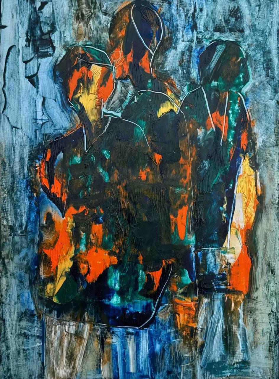 "Three Lost Men from the East", Figurative Painting by Arjumand Faisel, Oil on Paper, 17 x 26 inches