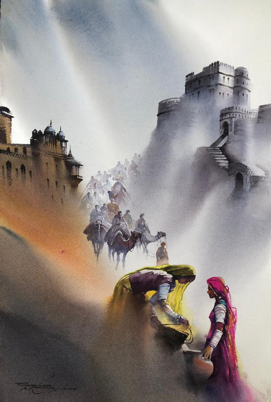 Desert, Figurative Painting by Sarfraz Musawir, Watercolor on Paper, 15 x 22 inches