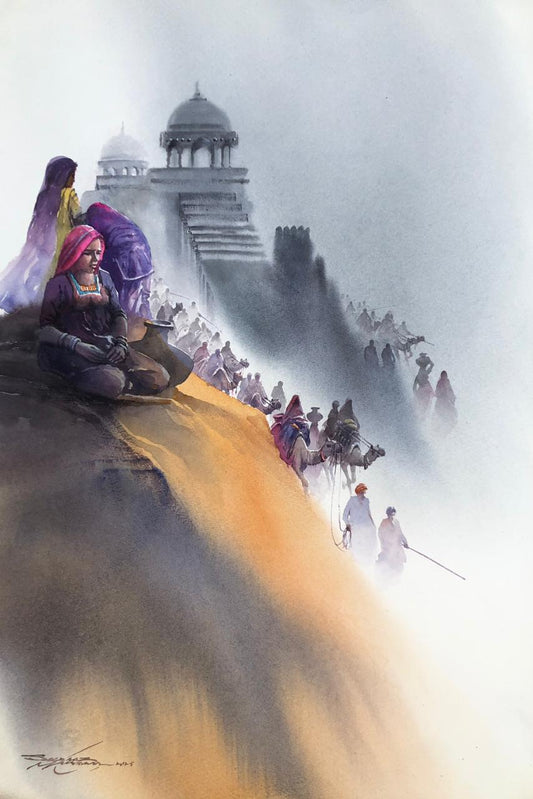 Desert, Figurative Painting by Sarfraz Musawir, Watercolor on Paper, 15 x 22 inches