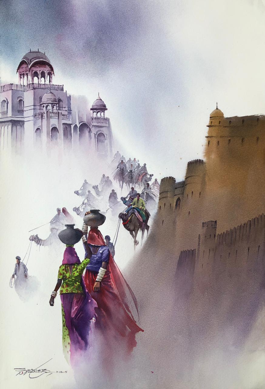 Desert, Figurative Painting by Sarfraz Musawir, Watercolor on Paper, 1 ...