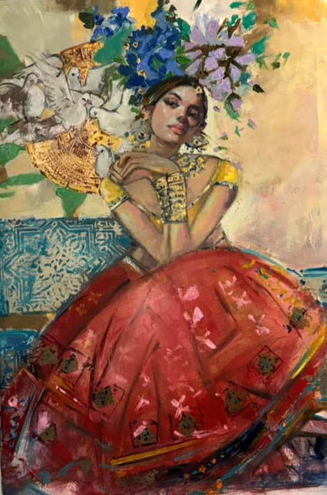 Untitled, Figurative Painting by Tayyaba Aziz, Oil & Acrylic on Canvas, 24 x 36 inches