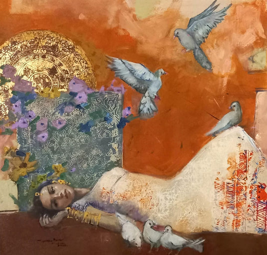 Untitled, Figurative Painting by Tayyaba Aziz, Oil & Acrylic on Canvas, 30 x 30 inches