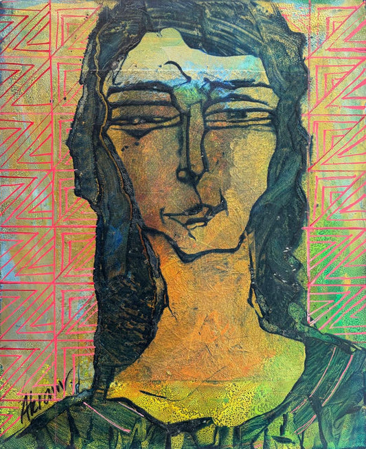 Untitled, Portrait Painting by Akram Dost, Acrylic on Wood, 13 x 16 inches
