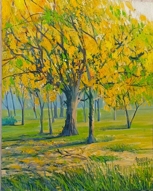The Breath of Gold, landscape Painting by Fareeha Shahid, Oil Canvas, 24 x 30 inches