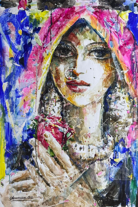 Flower & Flower, Portrait Painting by Moazzam Ali, Watercolor on Paper, 30 x 42 inches