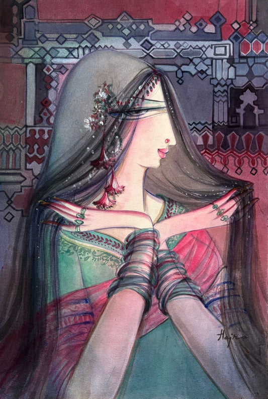 Untitled, Figurative Painting by Hajra Mansoor, Acrylic & Watercolor on Paper, 15 x 22 inches