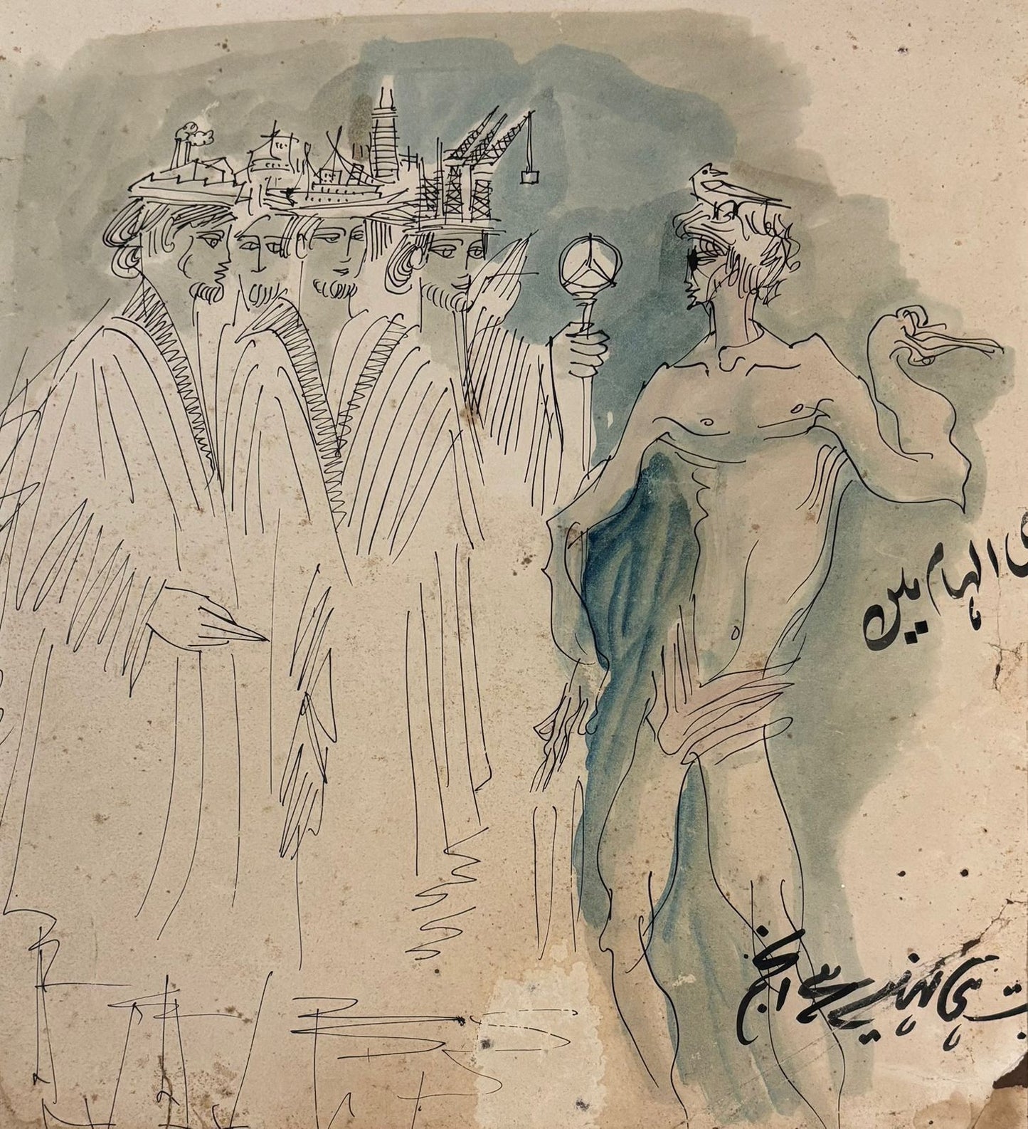 (PRICE ON REQUEST) Untitled, Figurative Drawing by Sadequain, Paper Pasted on Board, 14.3 x 15.5 inches