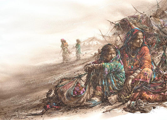 Gard Baad (Dusty Wind), Figurative Painting by Ali Abbas, Watercolor on Arches Paper, 30 x 22 inches