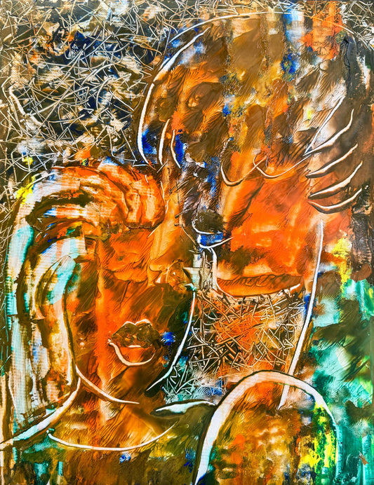 A Couple in 20s, Abstract Painting by Arjumand Faisel, Oil on Used Paper, 17 x 22 inches