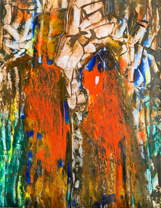 A Couple in 30s, Abstract Painting by Arjumand Faisel, Oil on Used Paper, 17 x 22 inches