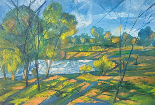 Lakeside Tranquility, Landscape, Painting by Shireen Gheba, Acrylics on Canvas, 18 x 12 Inches