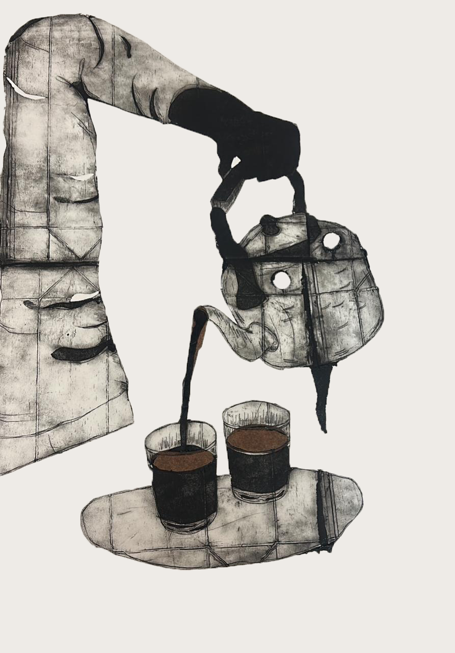 Chai Peeyein?, Painting by Rida Saeed, Drypoint with Chin Colle on Tetrapack, 19 x 27 inches
