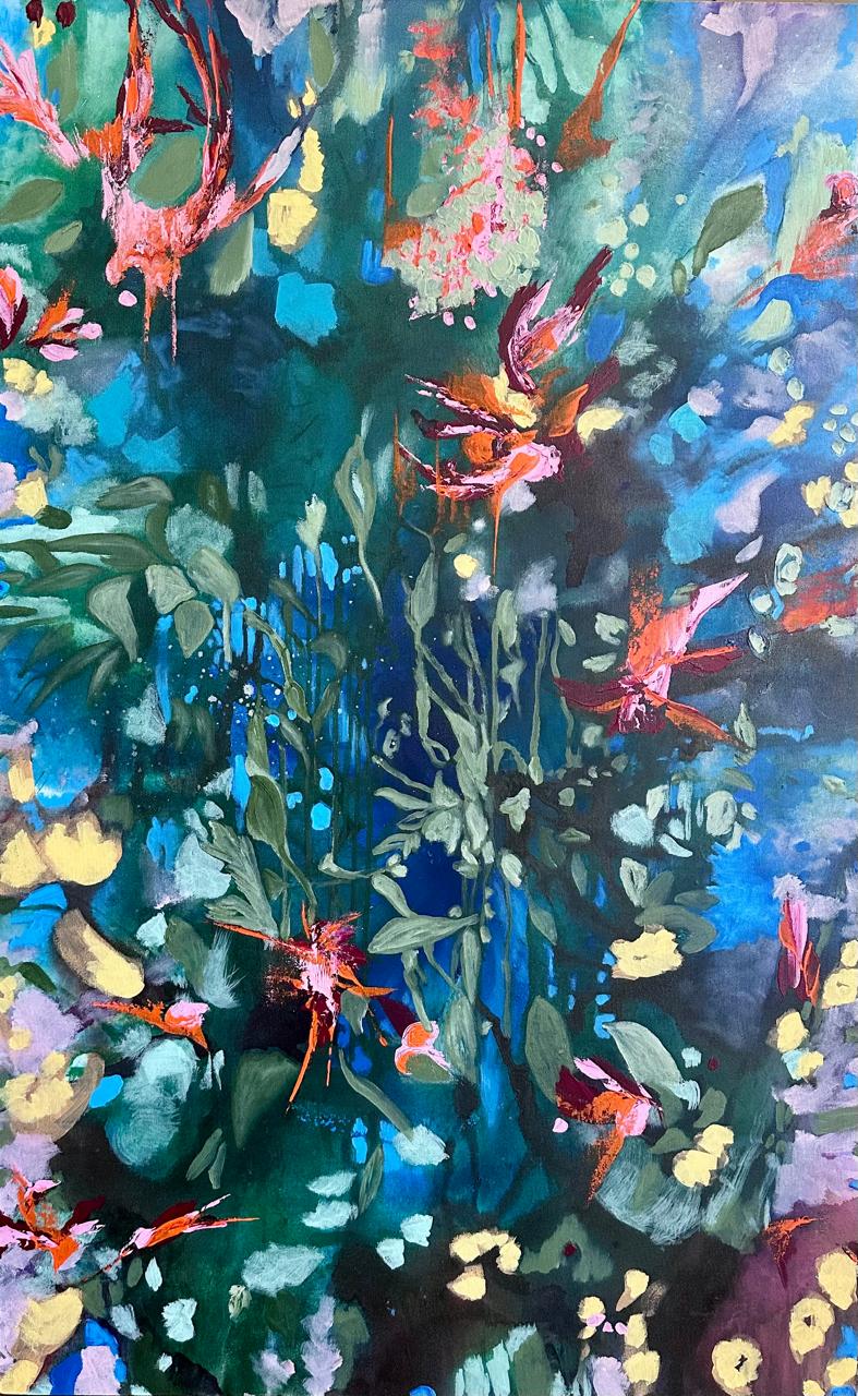 Bird of Paradise, Floral Painting by Kanwal Zafar, Acrylic on Canvas, 30 x 48 inches
