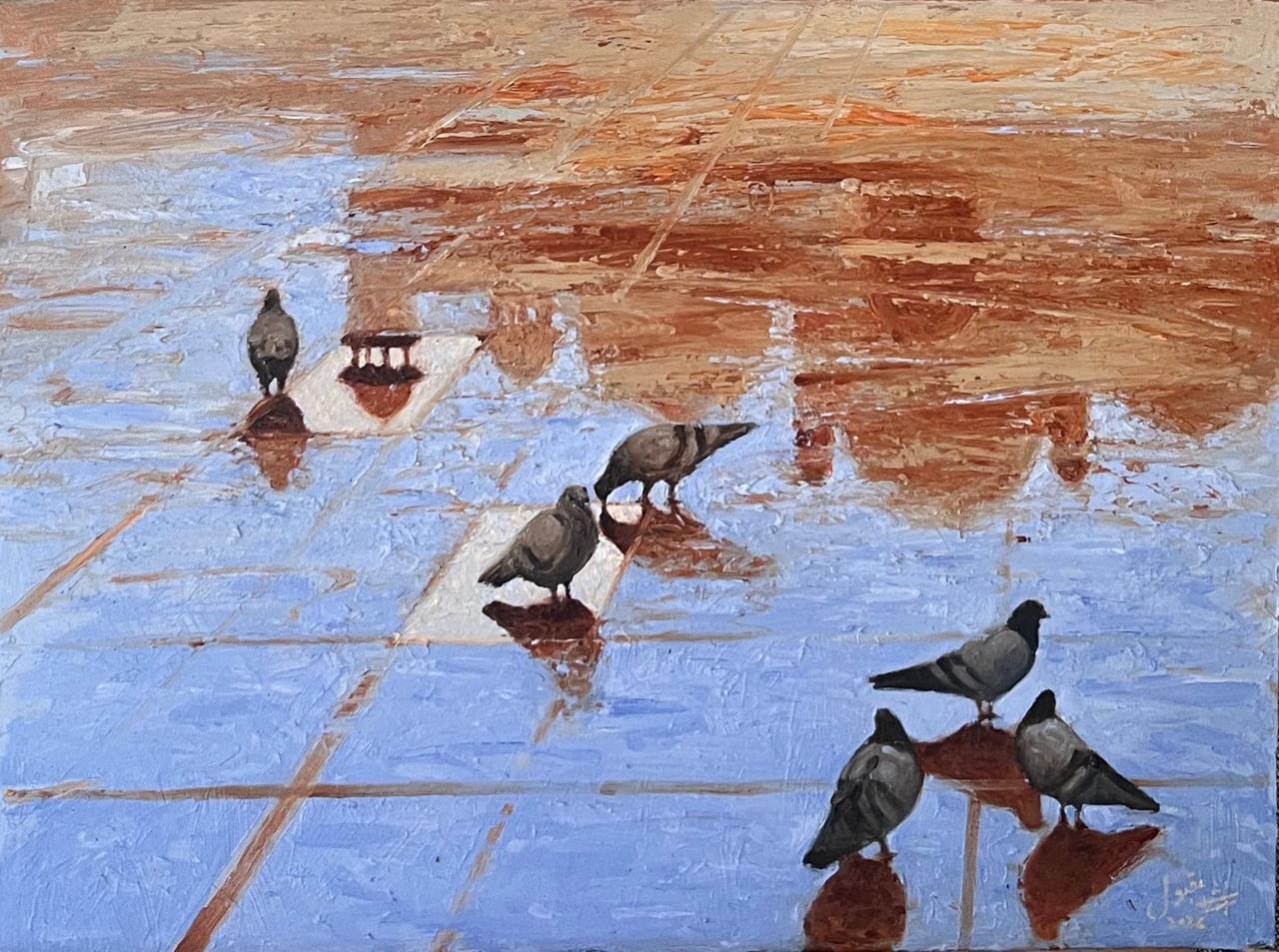 Post Rain Reflection, Cityscape Painting by Dr. Arshad Maqbool, Oil on Canvas, 16 x 20 inches