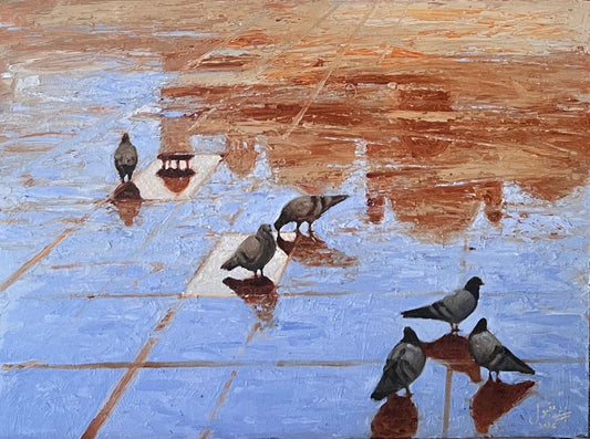 Post Rain Reflection, Cityscape Painting by Dr. Arshad Maqbool, Oil on Canvas, 16 x 20 inches