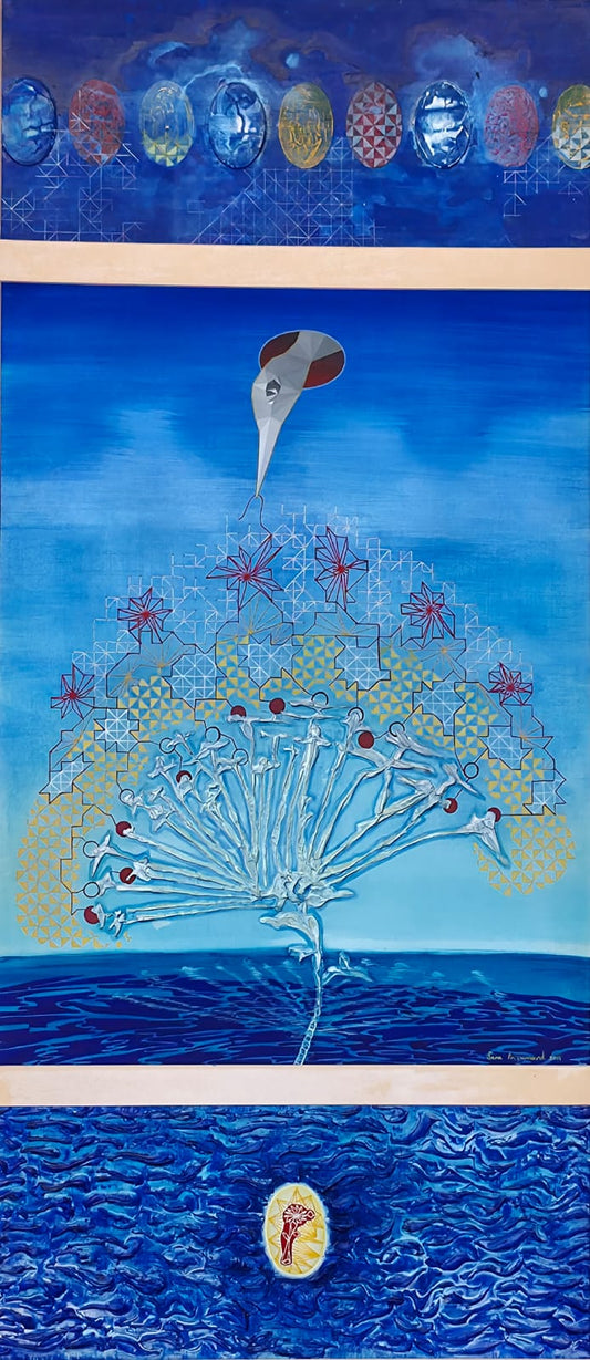 Between Water & Sky (Triptych), Painting by Sana Arjumand, Acrylic, Ink & Embroidery on Wasli, Upper & Lower Panel 27 x 8 Inches - Middle Panel 27 x 21 Inches(PRICE ON REQUEST)