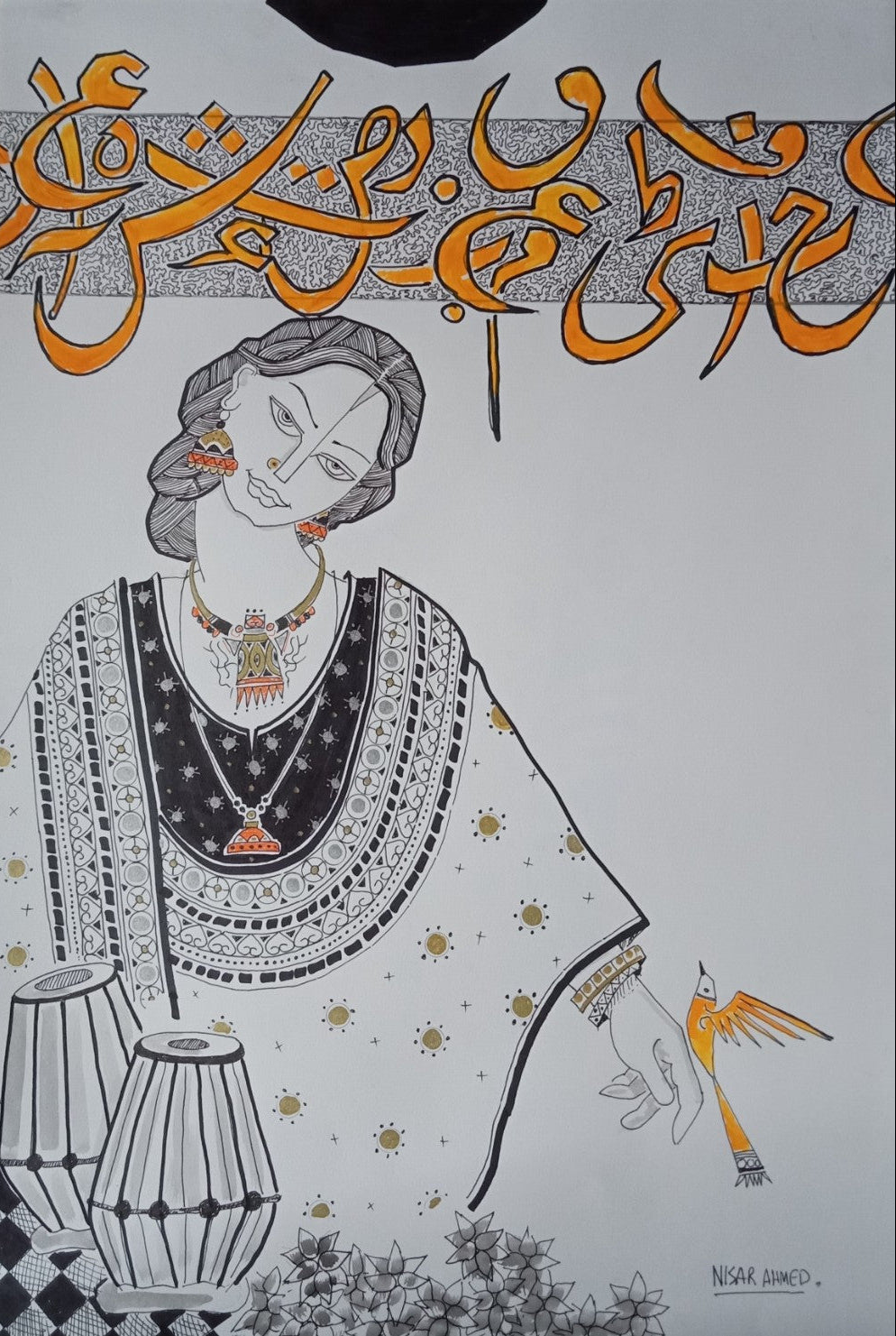 Untitled, Portrait Drawing by Nisar Ahmad, Mixed Media on paper, 15 x 21.5 inches