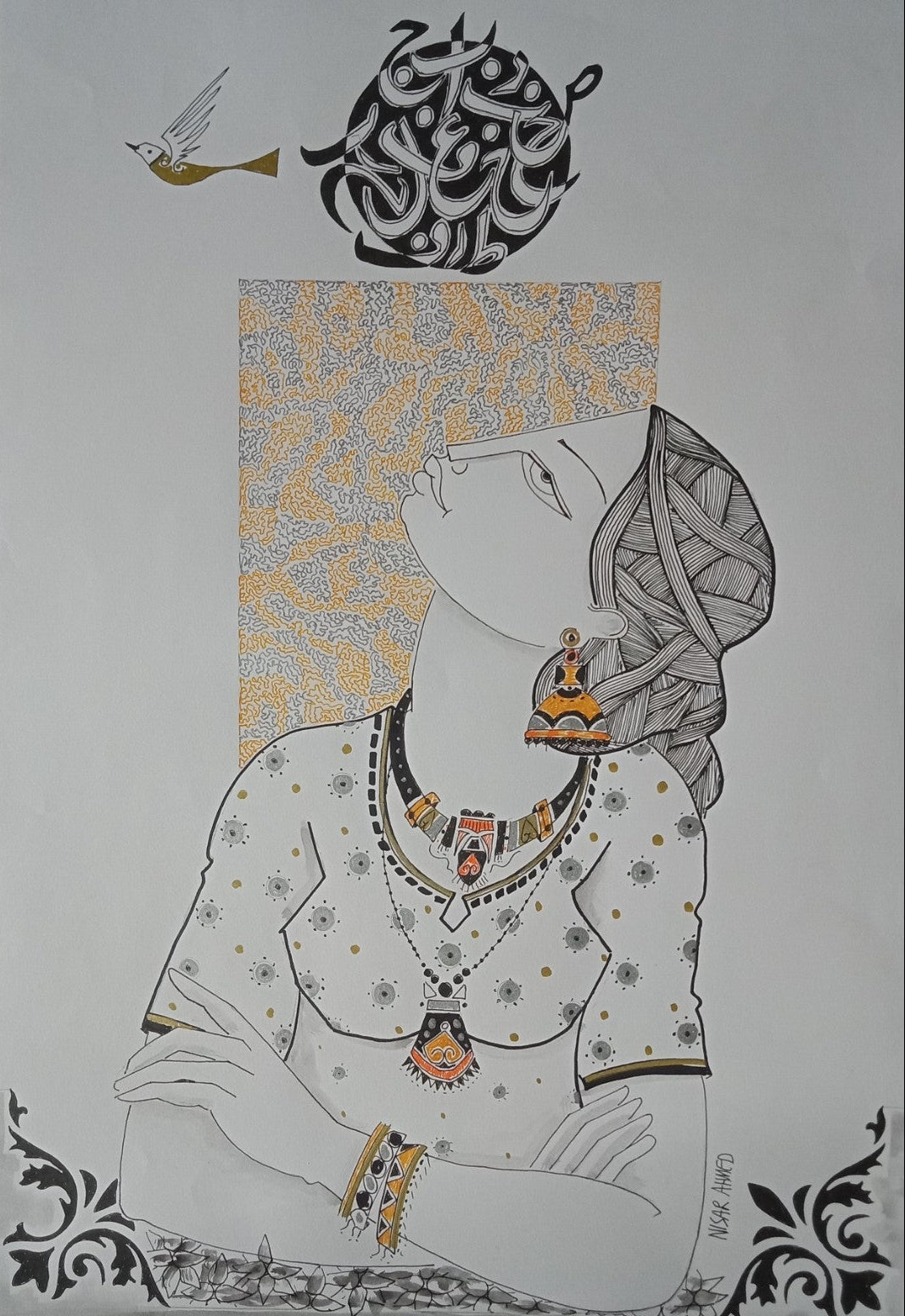 Untitled, Portrait Drawing by Nisar Ahmad, Mixed Media on paper, 15 x 21.5 inches