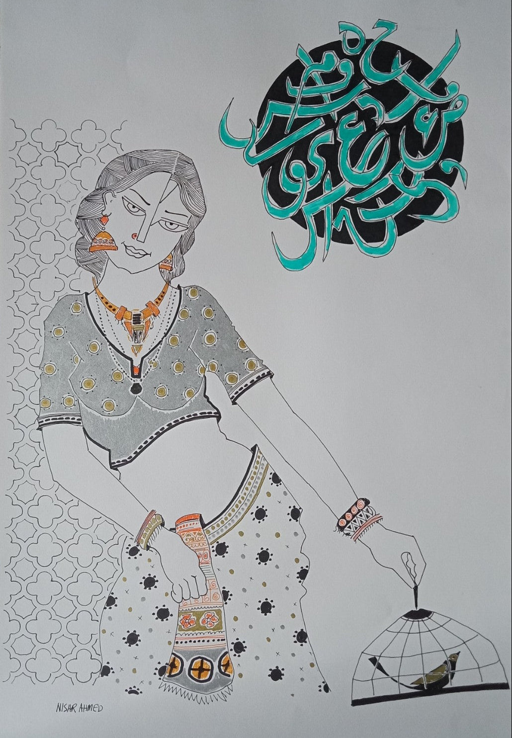 Untitled, Portrait Drawing by Nisar Ahmad, Mixed Media on paper, 15 x 21.5 inches