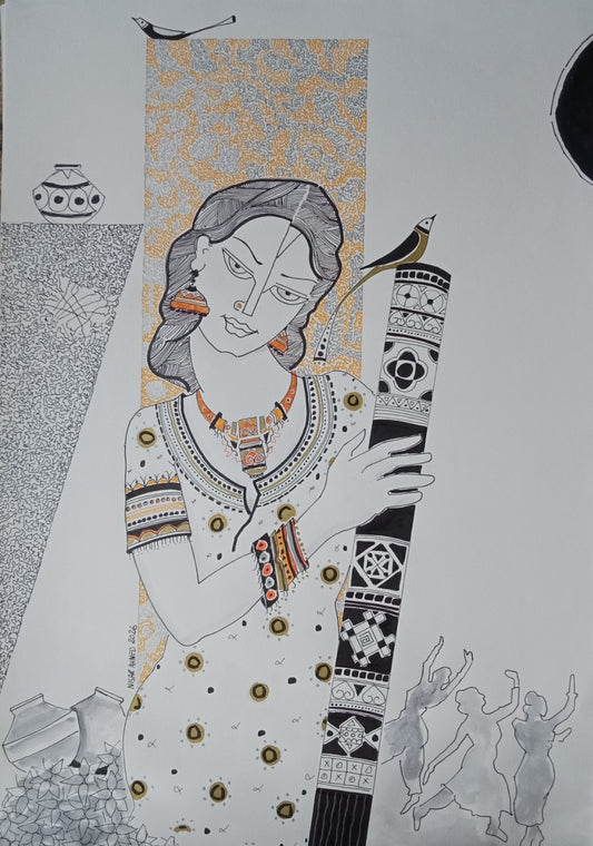 Untitled, Portrait Drawing by Nisar Ahmad, Mixed Media on paper, 15 x 21.5 inches