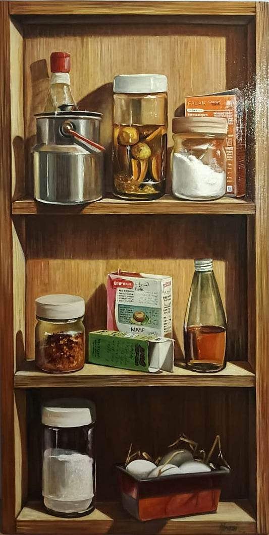 Fragments of Home, Still Life Painting by Ahmed Alraai, Oil on Canvas, 16 x 32 Inches