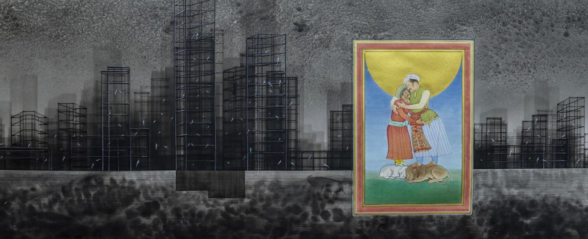 Cityscape Painting by Safwan Bashir, Opaque Watercolour & Gold Leaf on Paper, 61 x 25 Inches