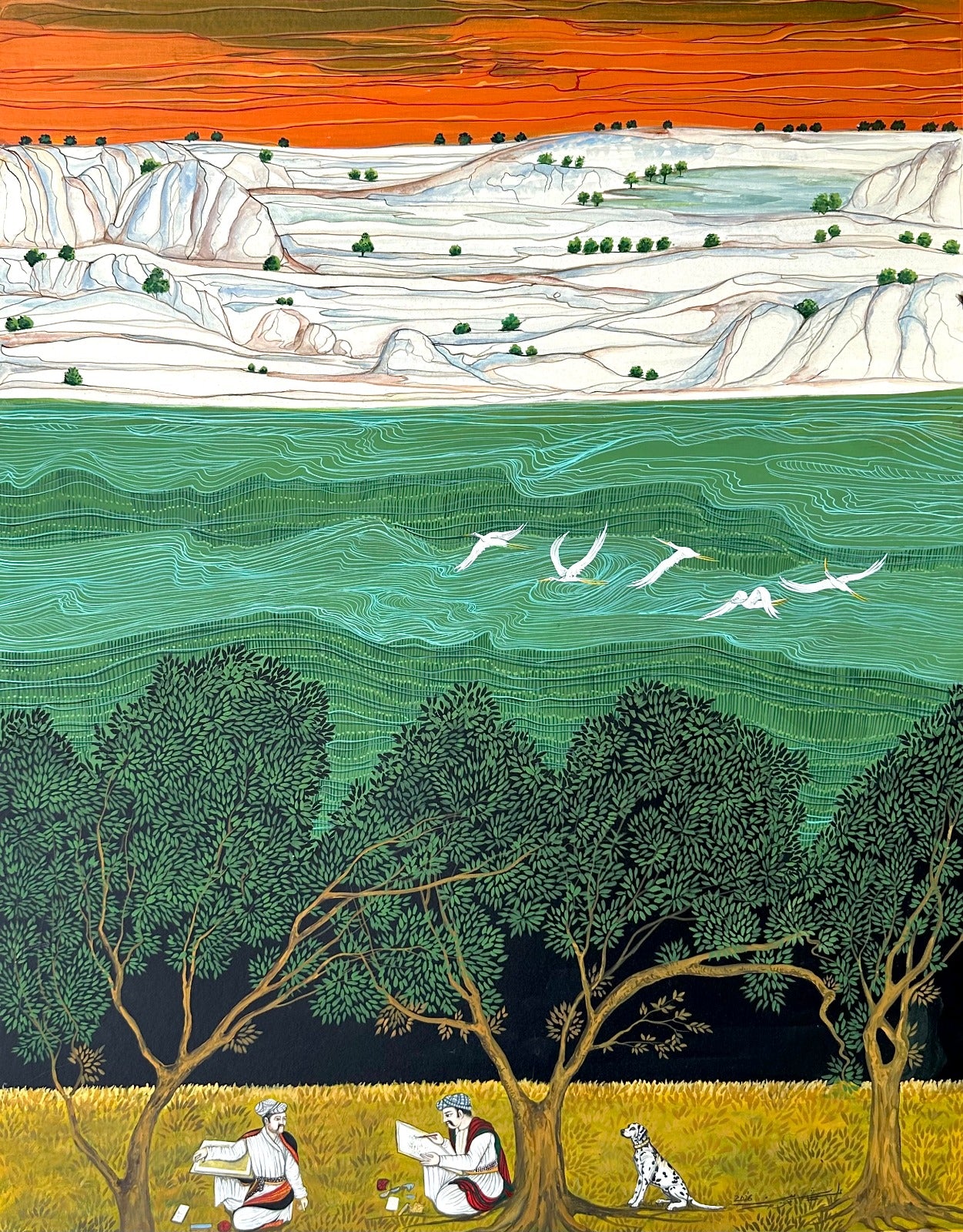 Confluence, Landscape Painting by Samreen Asghar, Herbal & Opaque Watercolors on Wasli, 21 x 27 Inches