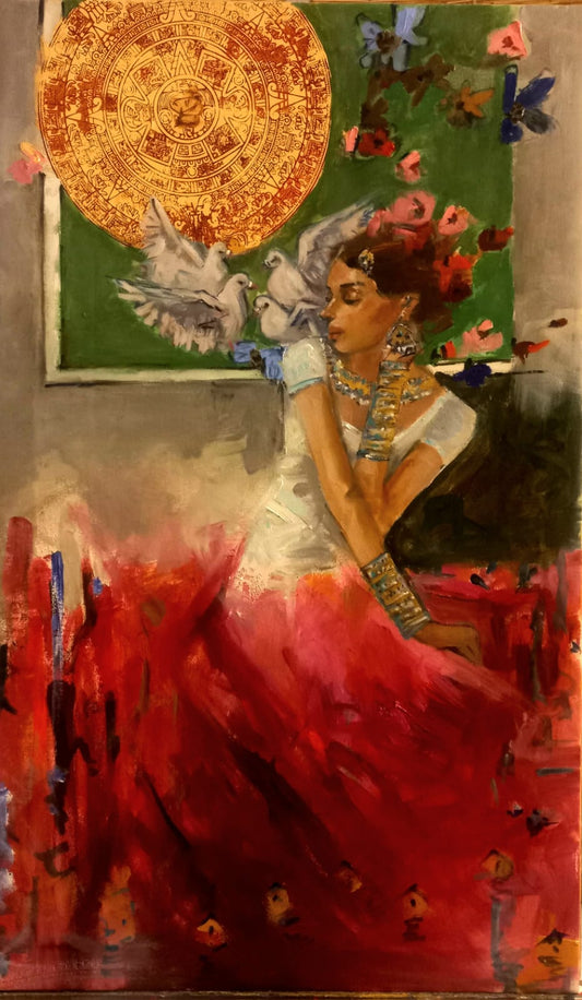 Figurative Painting by Tayyaba Aziz, Oil & Acrylic on Canvas, 24 x 40 inches