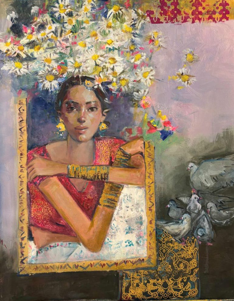 Figurative Painting by Tayyaba Aziz, Oil & Acrylic on Canvas, 24 x 30 Inches