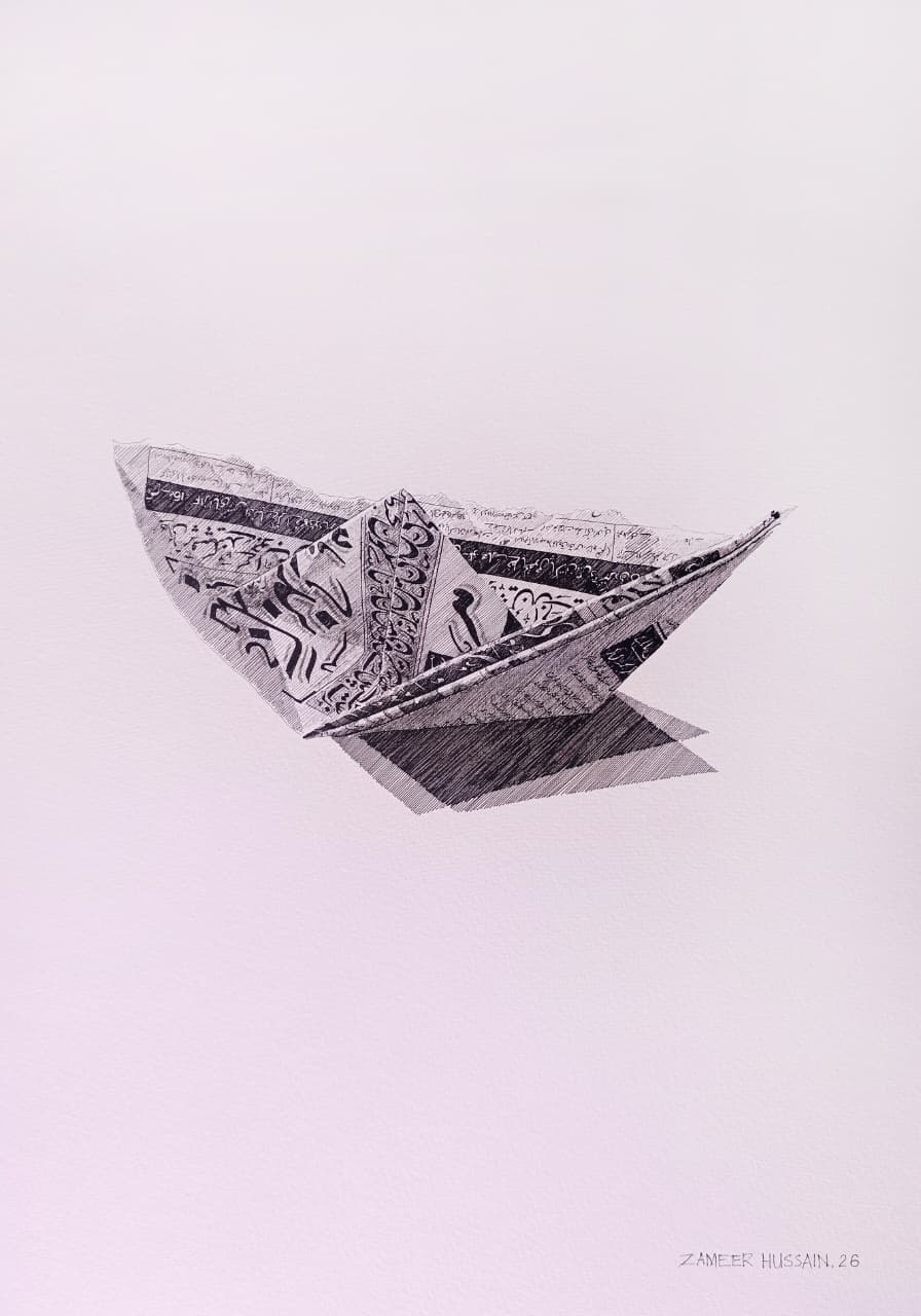 Still Life Drawing by Zameer Hussain, Pen on Paper, 14 x 20 Inches