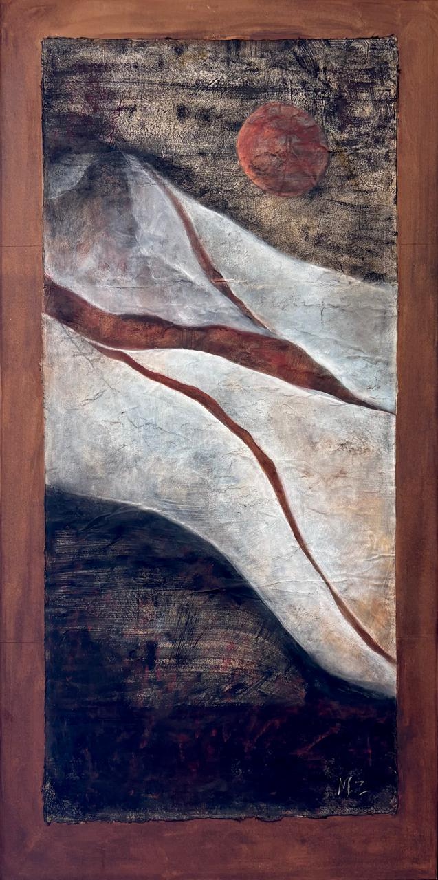Abstract Painting by Mobina Zuberi, Oil on Nepalese Paper, 24 x 49 Inches (With Mount)